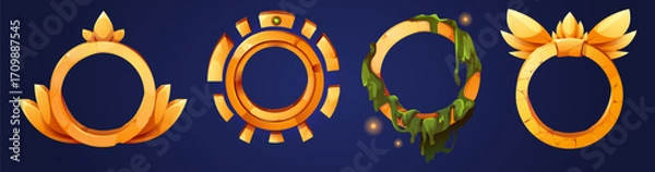 Obraz Golden ring frames set isolated on background. Vector cartoon illustration of yellow avatar borders decorated with gemstone, metal wings, green slime, medieval user interface, game level award symbol