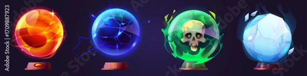 Obraz Magic crystal balls set isolated on background. Vector cartoon illustration of spooky fortunetelling spheres decorated with fire, lightning bolts, human skull, ice, fantasy witchcraft game assets