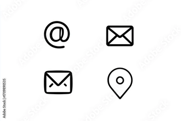 Fototapeta Four simple, black line icons representing contact methods.  Email symbols,  email envelope icons, and location pin