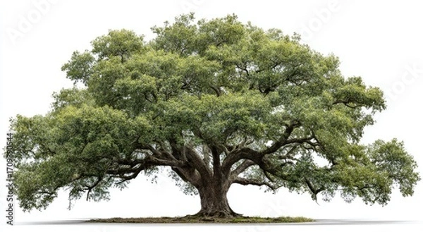 Fototapeta Large, mature oak tree against a plain white background.  Full, lush green foliage, substantial trunk and branches.  Isolated image