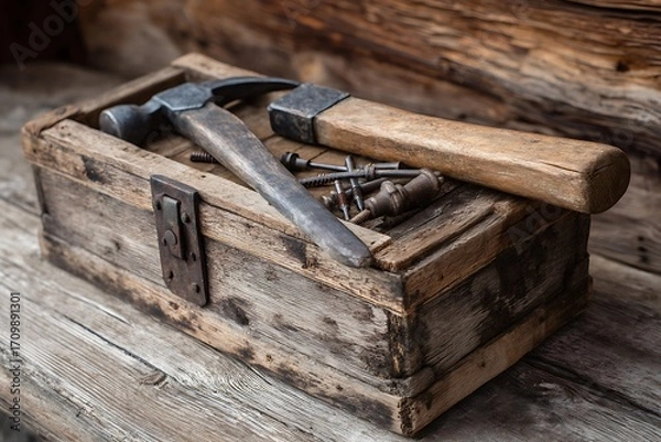 Fototapeta Vintage wooden toolbox with tools high resolution picture