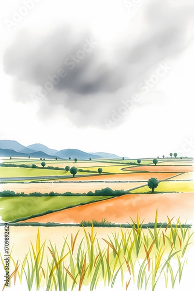 Fototapeta Beautiful watercolor landscape showing vast farmland with divided fields, green trees, distant mountains, and dark clouds in the sky, creating a serene rural countryside atmosphere.