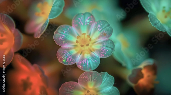 Fototapeta A close-up of translucent, glowing flowers with a vibrant central bloom. The petals are a mix of turquoise, teal, and pink with a yellow center. A soft, dreamlike blur surrounds them.