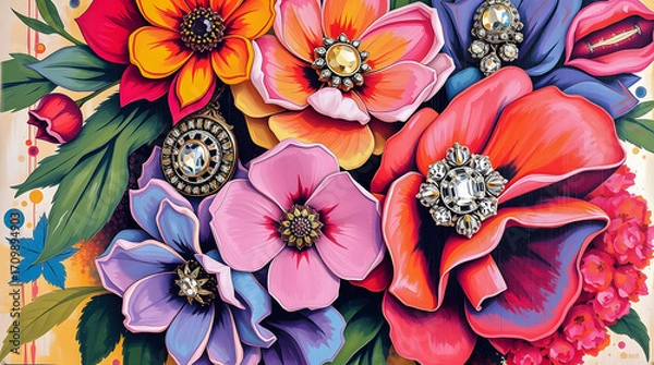 Fototapeta Vibrant floral artwork with large colorful blossoms in red, pink, yellow, purple, and orange, adorned with sparkling jeweled brooches, blending nature and luxury in a bold artistic composition.
