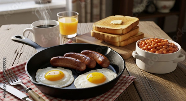 Fototapeta A hearty English breakfast featuring fried eggs, sausages, baked beans, toast with butter, a cup of coffee, and a glass of orange juice.