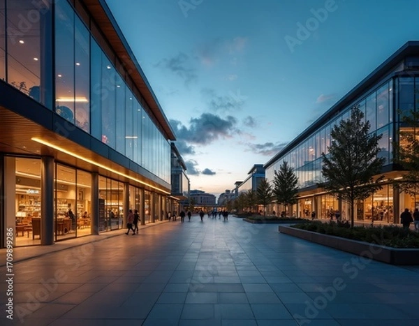 Fototapeta Modern shopping center arcade with glass storefronts at dusk. Pedestrians stroll along tiled walkway lined with trees. Shops display lit interiors, creating a vibrant commercial atmosphere.