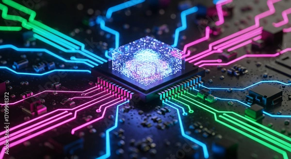 Fototapeta Close-up view of a glowing circuit board with a central processor chip.