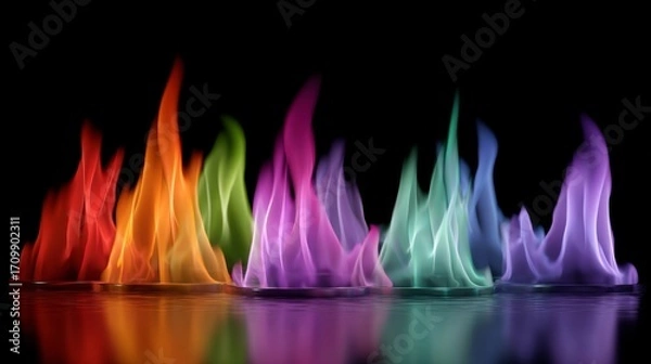 Fototapeta Series of colorful flames are reflected in the water. The colors are vibrant and the flames are long and thin. Concept of energy and excitement