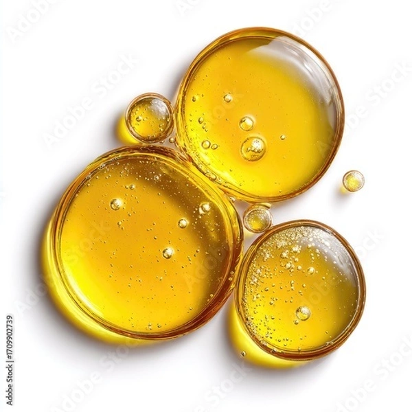 Obraz Golden liquid droplets, various sizes, clustered on a white background.  A top-down, close-up view showcasing the translucent, amber-hued liquid.  