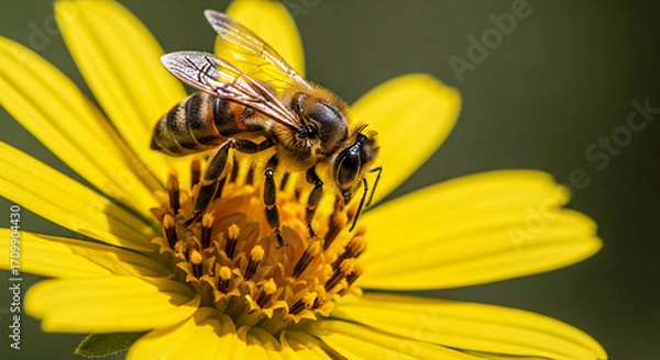 Fototapeta Honeybee gathering pollen on a bright yellow flower.