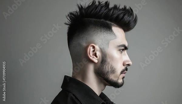 Fototapeta Men sharp mohawk fade haircut features textured top styled into subtle spikes. Modern masculine hairstyle, urban chic look, creative grooming detail. Expresses individuality, youth, confidence, style.