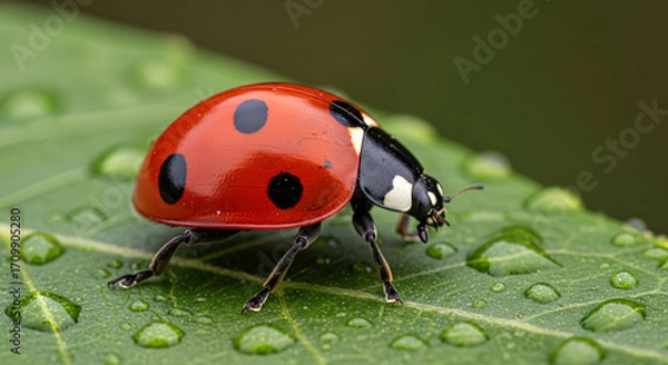 Fototapeta A close-up macro photograph of a red ladybug with black spots resting on a vibrant green leaf covered in water droplets.