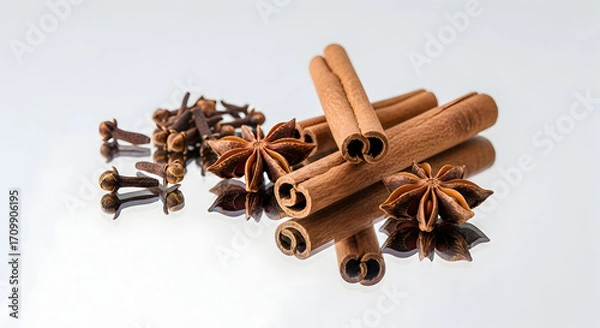 Fototapeta Aromatic spices cinnamon sticks cloves and star anise on reflective surface