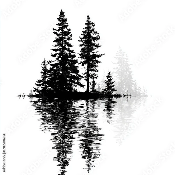 Obraz Silhouette of trees on an island, mirrored in water