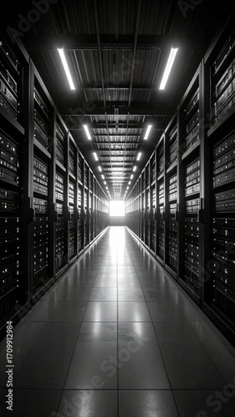 Obraz Monochrome Server Room Tunnel: A Deep Perspective into Data Infrastructure
