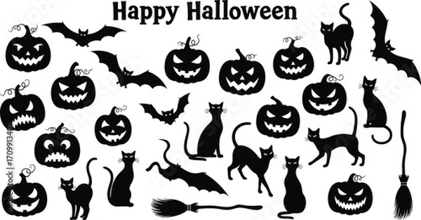 Obraz A festive halloween collection, featuring bats, cats, pumpkins, and a broomstick for creating spooky and fun designs