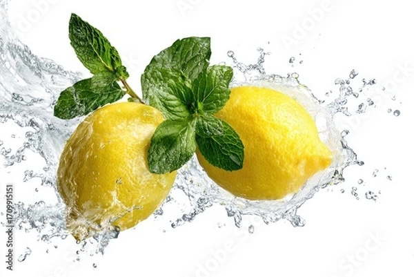 Obraz Two lemons in mid-air, surrounded by water splashes, with fresh mint leaves