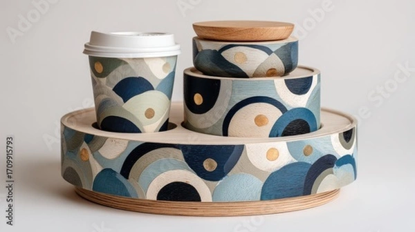 Fototapeta Wooden tray with painted cups and containers