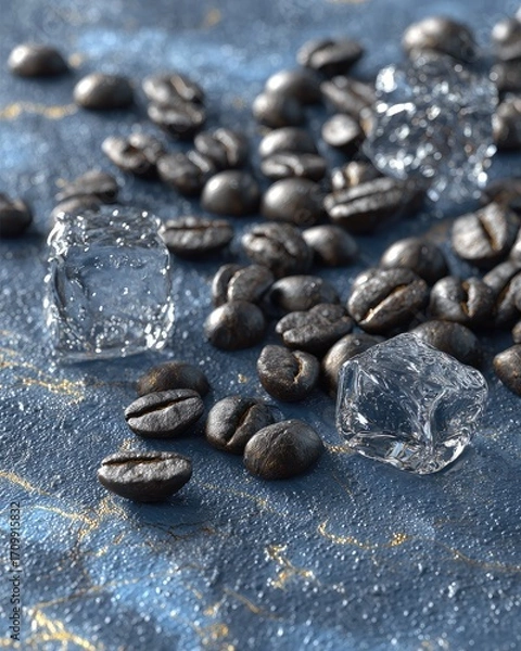 Fototapeta Roasted coffee beans and ice cubes on a textured surface