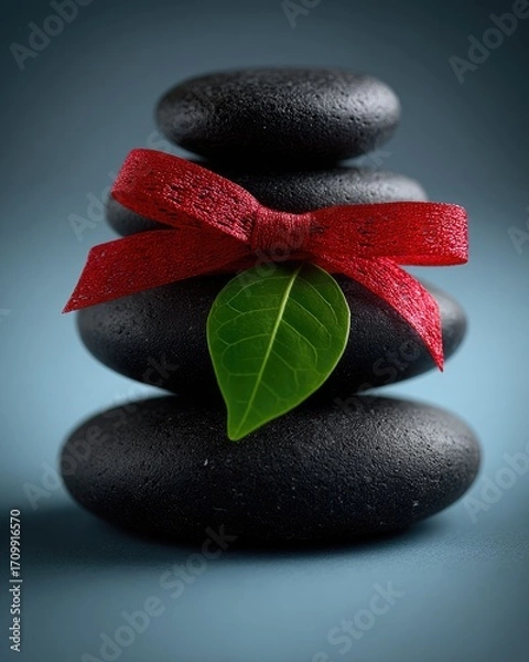Fototapeta Stacked dark stones, adorned with red ribbon and leaf, on a muted background