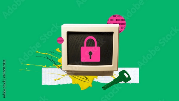 Fototapeta Creative collage. Retro computer monitor with pink lock symbol on screen representing data security. Concept of cybersecurity, IT systems, data protection, and privacy awareness.