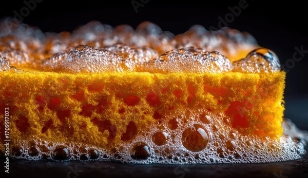 Fototapeta Close-up of a yellow sponge with suds