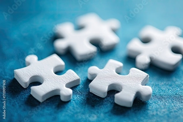 Fototapeta Close-up of four white puzzle pieces on a blue surface