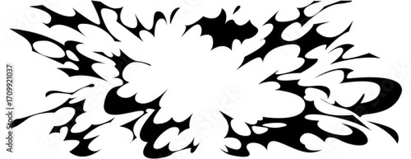 Obraz Dynamic anime comic burst with black explosive splash and radiating impact lines for manga action scenes. Bold silhouette with sharp edges and flowing smoke effect for battle moment or dramatic panel.
