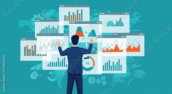 Fototapeta Business man analyzing financial charts and graphs on multiple screens data visualization concept