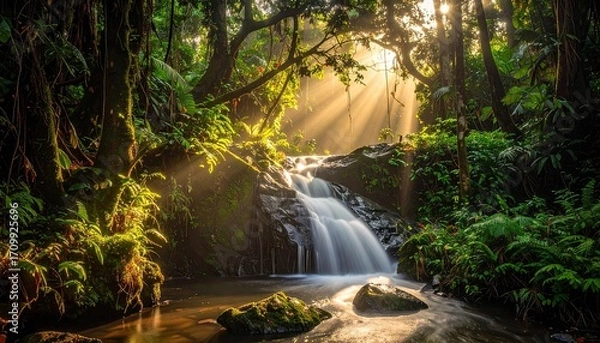 Fototapeta Tropical Waterfall Flowing into Pool Surrounded by Greenery with Sunlight Streaming Through Trees in Rainforest