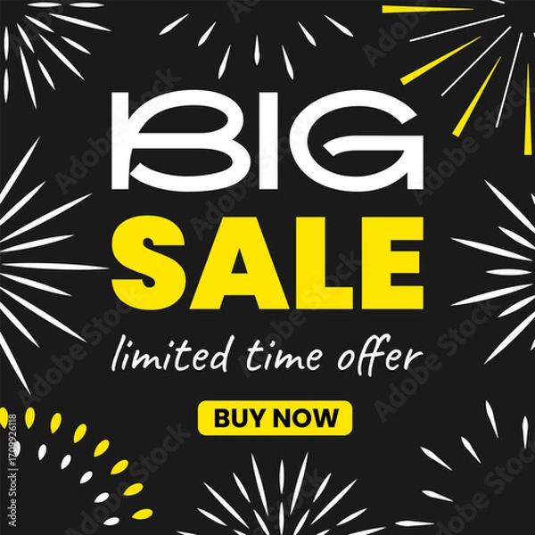 Fototapeta Square sale banner with special offer text, colorful discount on black background with flat stars, firework, up to 50% off promotion, modern shopping advertisement template. Vector EPS10