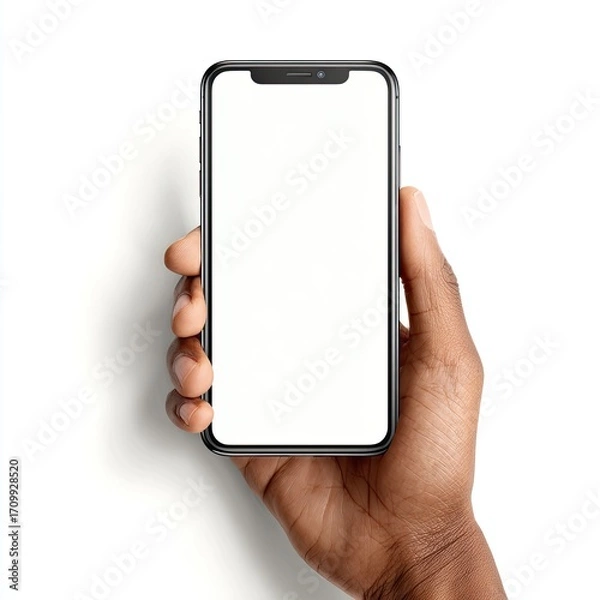Obraz A hand holds a modern smartphone with a blank screen.  The phone is dark gray, rectangular, and displays a blank white screen. 