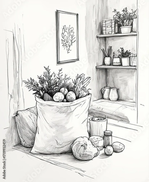 Fototapeta Fresh Produce and Kitchen Decor in Black and White Illustration with Rustic Elements and Natural Textures for Culinary and Home Design Inspiration