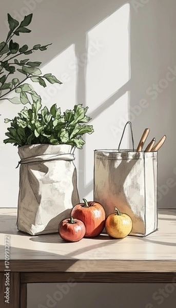 Fototapeta Fresh Produce in Eco-Friendly Bags on Wooden Table with Natural Light Highlighting Vibrant Colors and Textures in a Minimalist Kitchen Setting