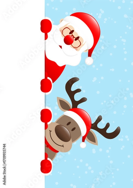 Fototapeta Weihnachtsmann Und Rentier Banner Rechts Schnee Hellblau