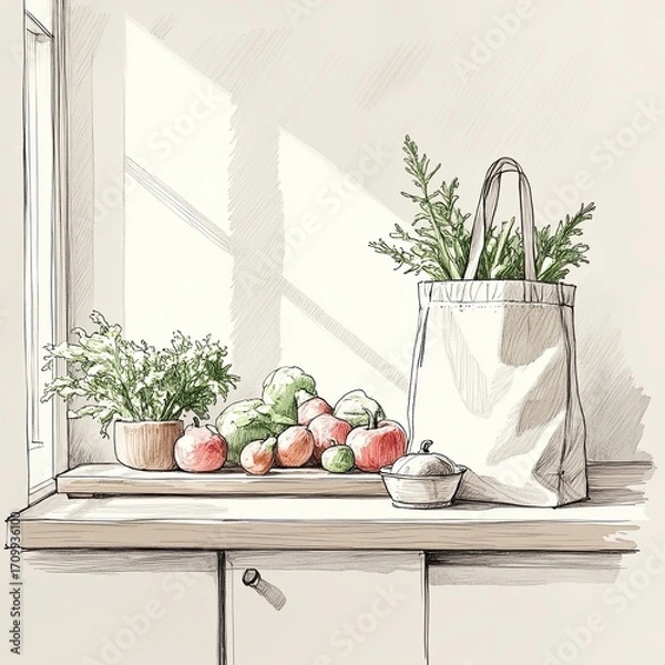 Fototapeta Fresh Produce and Herbs on Kitchen Counter with Tote Bag, Natural Light and Vibrant Colors in Cozy Home Setting for Lifestyle and Culinary Themes