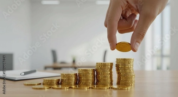 Fototapeta A person's hand stacking gold coins into progressively taller piles on a wooden desk, symbolizing financial growth and investment.