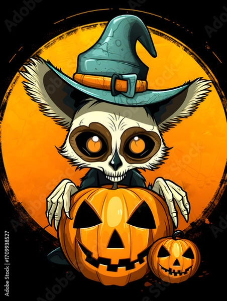 Fototapeta Cartoon illustration of a lemur skull with spider and web decorations for Halloween festivities background