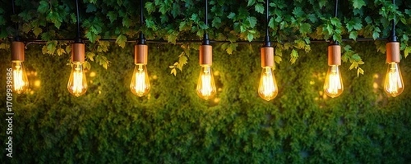 Fototapeta Row of Edison bulbs with wooden bases hang over green foliage, creating warm ambient light. Ceiling decor blends nature with modern illumination, offering eco-friendly design for stylish interiors,