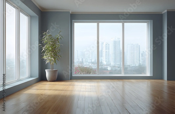 Fototapeta Empty Minimalist Room Overlooking City Skyline