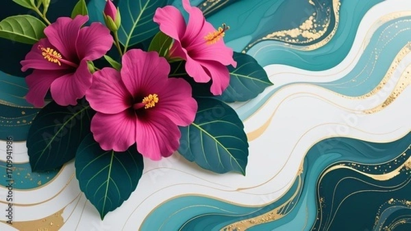 Fototapeta Photo-realistic large pink hibiscus with dark teal leaves on marbled muted teal, soft white, and bronze background, fluid textures for luxury aesthetic