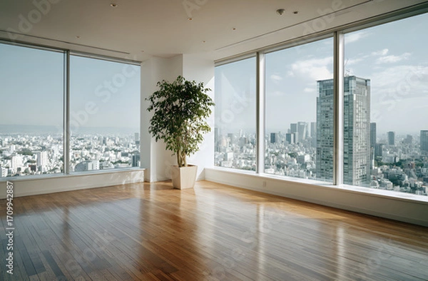 Fototapeta High-Resolution Empty Room with City Skyline View