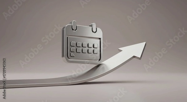 Fototapeta A metallic calendar icon poised above a rising arrow, symbolizing future planning, growth, and progress over time.
