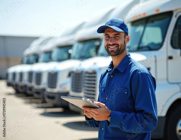 Fototapeta Fleet management worker in blue uniform holds digital tablet, smiles. Worker stands near row of cargo trucks. Modern transport solution for business efficiency. Man at work in logistics.