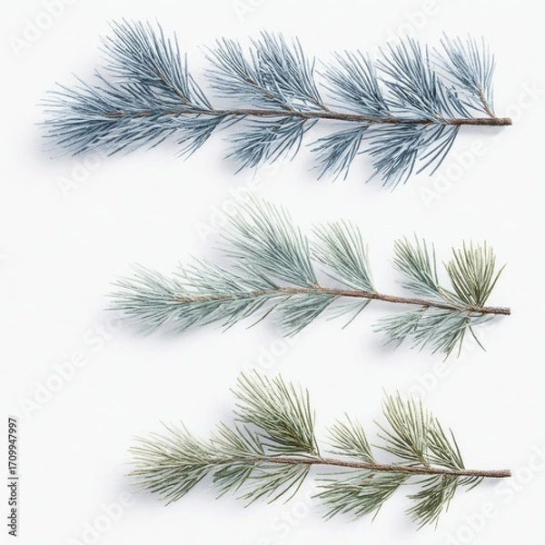 Fototapeta Three sprigs of pale blue and green pine boughs, arranged horizontally, against a white background