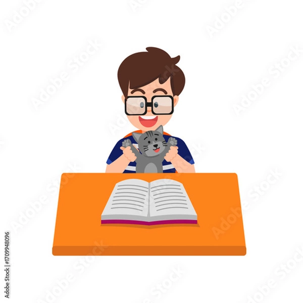 Fototapeta A boy with glasses reading a book at his desk with a cat sitting on his body
