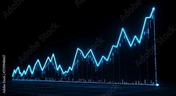 Fototapeta A glowing blue line graph showing a strong upward trend against a dark background, representing growth and progress.