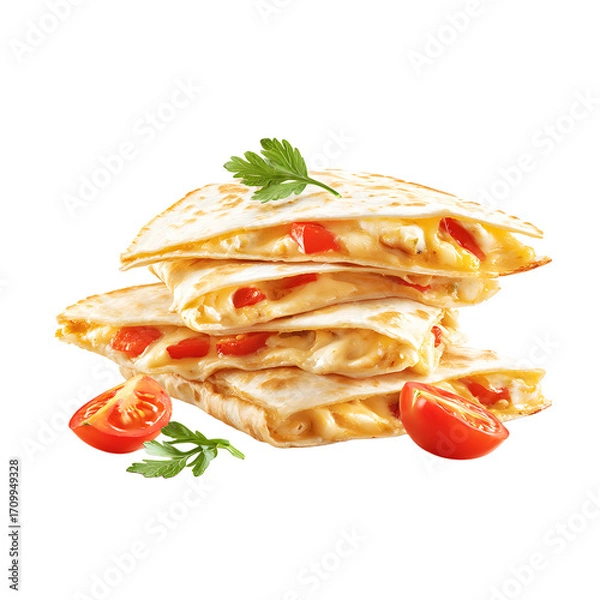 Fototapeta Stacked quesadillas filled with cheese and red peppers garnished with parsley on a transparent background ready to serve