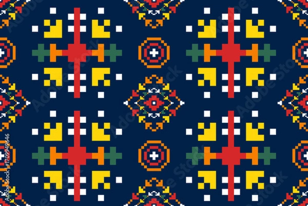 Fototapeta Colorful geometric pixel art seamless pattern with ethnic tribal style, perfect for textile, wallpaper, and digital backgrounds. Popular in Europe and America.