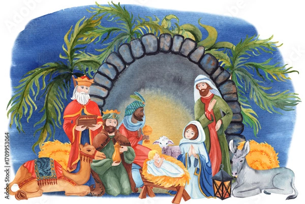Fototapeta Watercolor biblical Christmas illustration of baby Jesus in a manger, surrounded by the Virgin Mary, Joseph, and the Three Wise Men under a night sky with a shining star. Perfect for nativity scenes, 